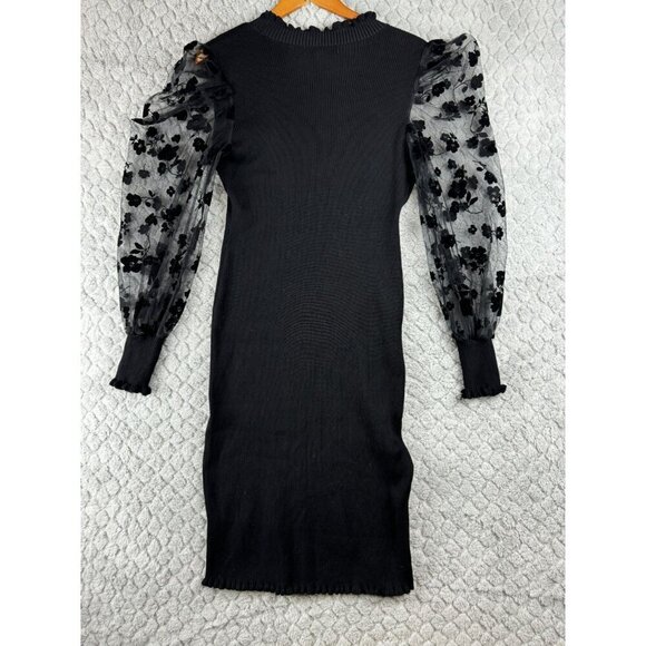 Almost‎ Famous Black Dress Stretch below Knee Sheer Floral Sleeves Size M/L - Picture 3 of 12